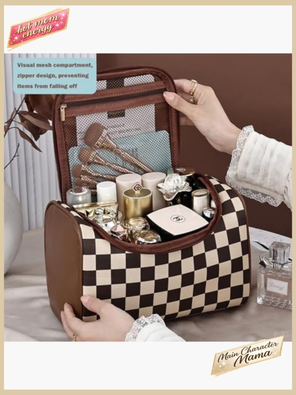 Checkered Pattern Cosmetic Bag Travel Portable Elegant Minimal Skincare Storage - Picture 5 of 7